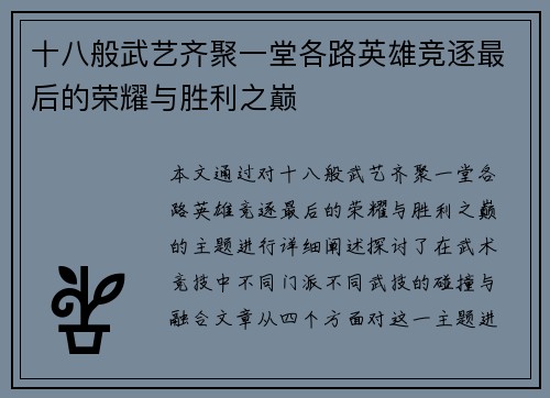 十八般武艺齐聚一堂各路英雄竞逐最后的荣耀与胜利之巅
