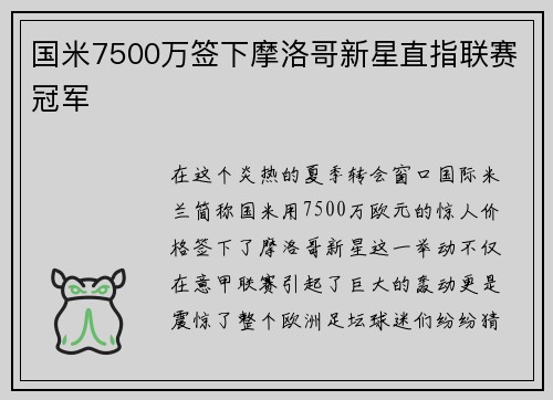 国米7500万签下摩洛哥新星直指联赛冠军