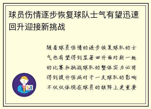 球员伤情逐步恢复球队士气有望迅速回升迎接新挑战