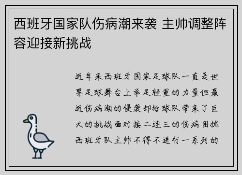 西班牙国家队伤病潮来袭 主帅调整阵容迎接新挑战
