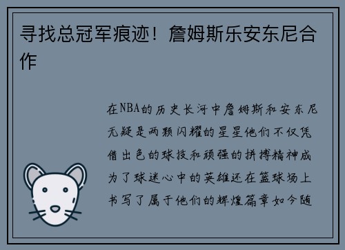 寻找总冠军痕迹！詹姆斯乐安东尼合作