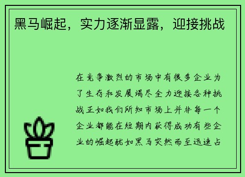 黑马崛起，实力逐渐显露，迎接挑战