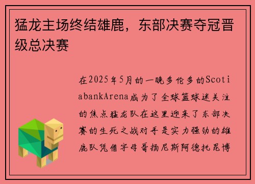 猛龙主场终结雄鹿，东部决赛夺冠晋级总决赛