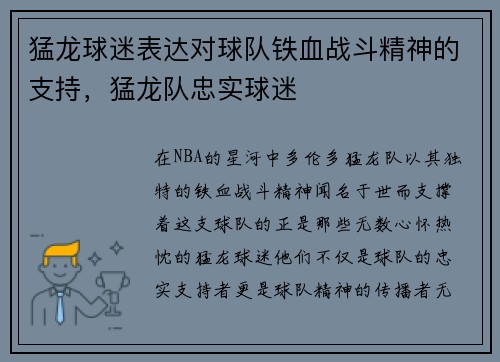 猛龙球迷表达对球队铁血战斗精神的支持，猛龙队忠实球迷