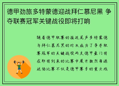 德甲劲旅多特蒙德迎战拜仁慕尼黑 争夺联赛冠军关键战役即将打响