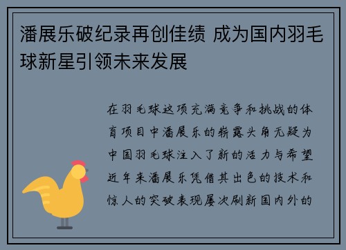 潘展乐破纪录再创佳绩 成为国内羽毛球新星引领未来发展