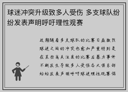 球迷冲突升级致多人受伤 多支球队纷纷发表声明呼吁理性观赛